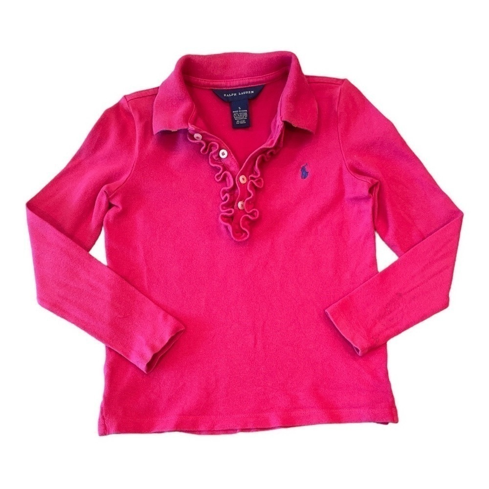 𝅺Ralph Lauren Size 5 Pink Ruffle Long Sleeve Polo w/Blue/Yellow Stripe Collar